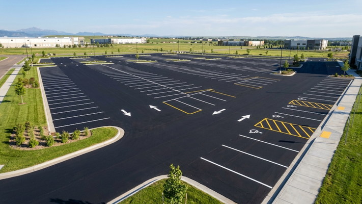 Clean, freshly paved asphalt commercial parking lot with crisp painted stripes and concrete curbs.