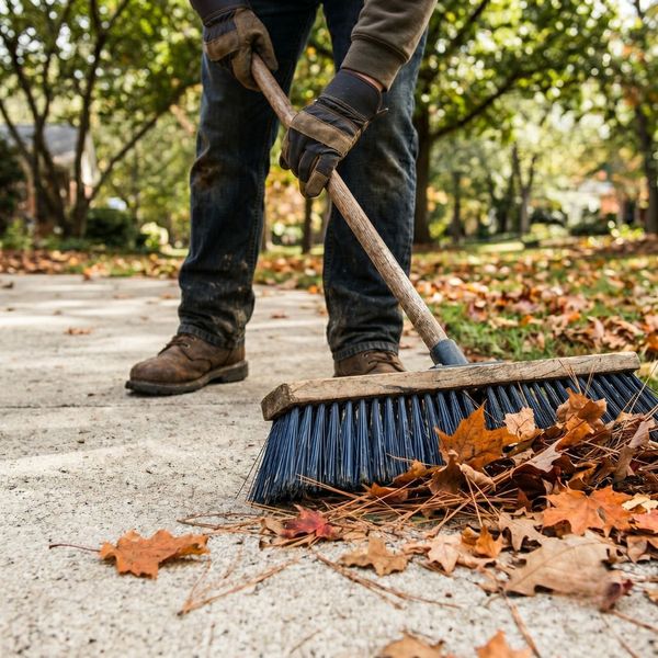 Sweeping fallen leaves and debris off a concrete walkway