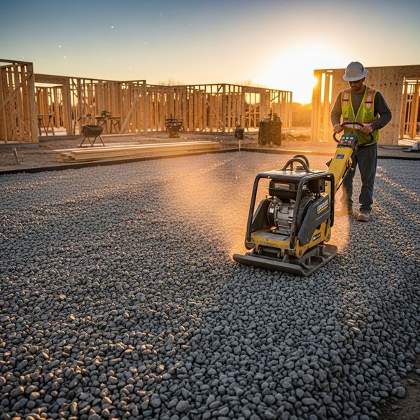 A large roller machine levels and compacts the gravel foundation on a construction site for a new driveway.