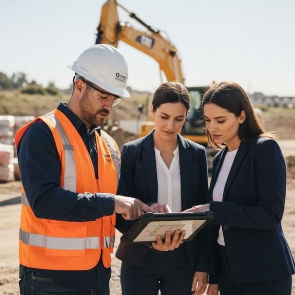 Contractor and clients reviewing site development blueprints