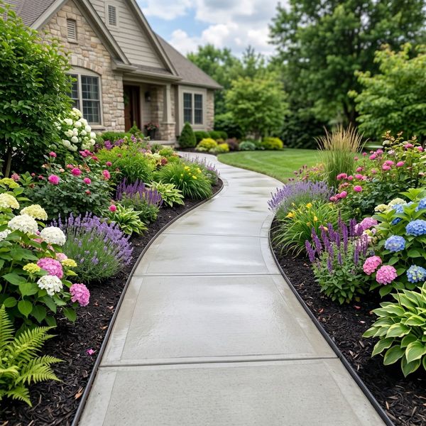 Newly poured concrete walkway curving through a garden, highlighting clean precision edging.