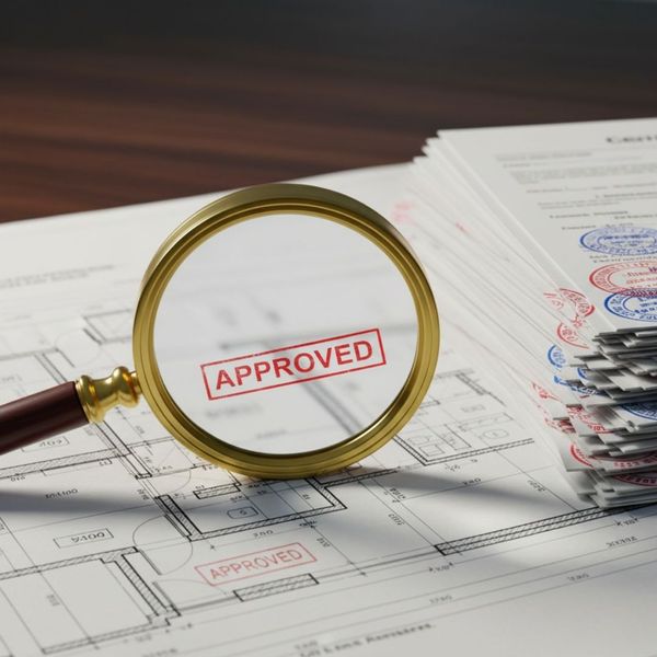 A magnifying glass rests on a detailed architectural blueprint next to a small stack of approved government permits A magnifying glass rests on a detailed architectural blueprint next to a small stack of approved government permits