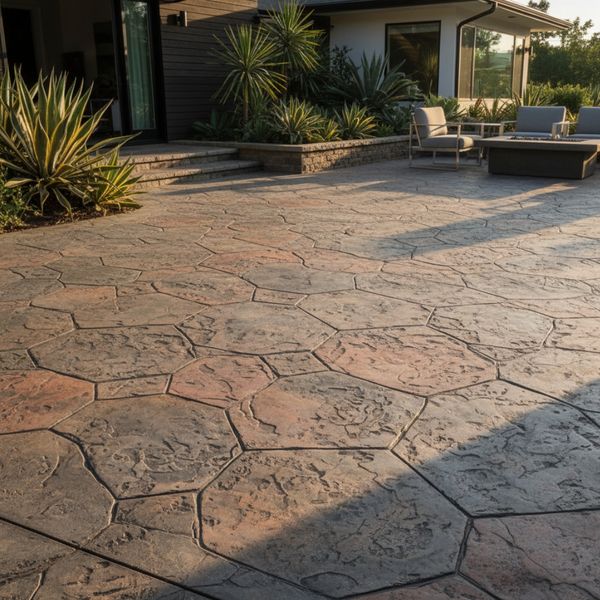 Decorative stamped concrete patio designed to mimic the look of natural stone slabs. Decorative stamped concrete patio designed to mimic the look of natural stone slabs.