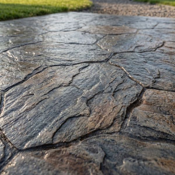 Decorative stamped concrete mimicking natural stone for a weed-free, low-maintenance driveway.