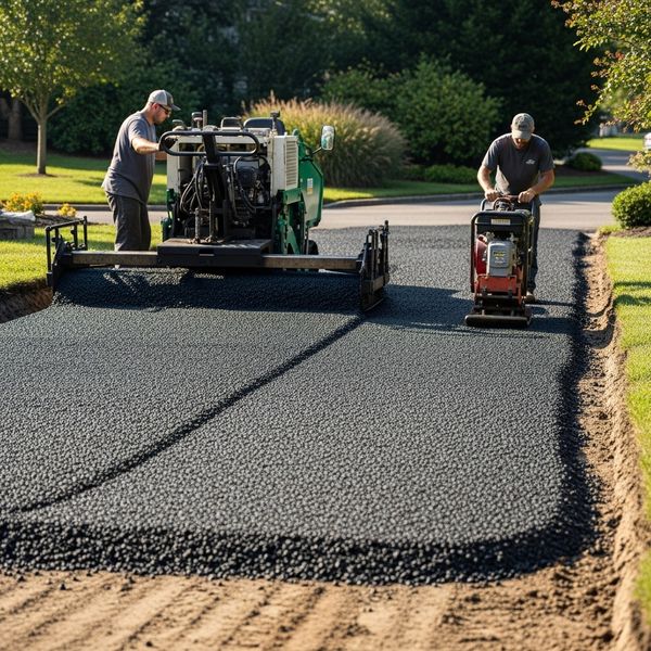 Recycled Asphalt Pavement (RAP) base layer being installed for eco-friendly driveway construction.