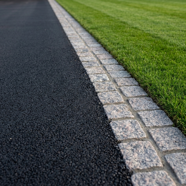 Finished dark asphalt pavement framed by a durable cobblestone border and lush grass edge.
