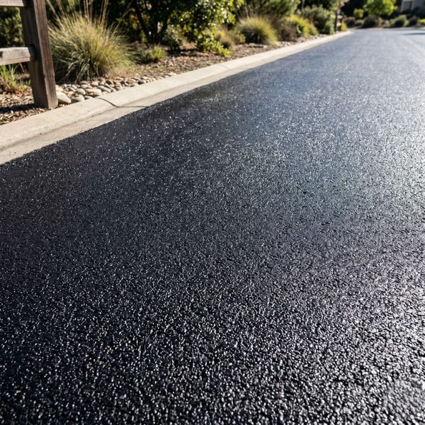 Finished asphalt driveway with a protective sealcoat finish enhancing the curb appeal of a coastal California home.