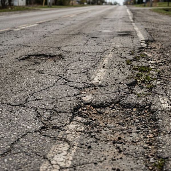 Faded and severely cracked asphalt surface requiring professional repaving.