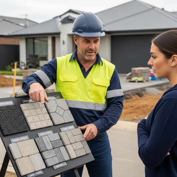 A contractor shows a homeowner different texture samples for a residential driveway paving project.