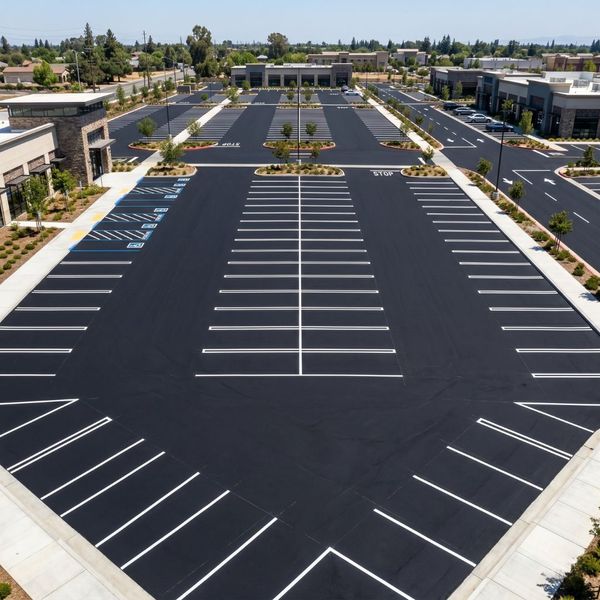 A large, finished commercial parking lot with smooth asphalt and fresh white paint markings in the Central Coast.