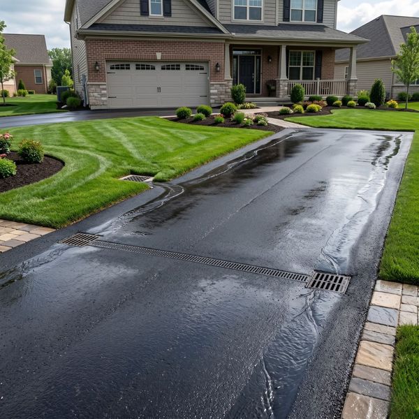 Perfectly graded residential asphalt surface designed for optimal water drainage and long-term structural stability.