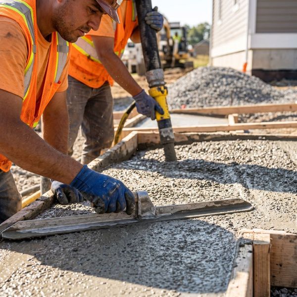 Workers pouring high-quality concrete for a durable, long-lasting driveway foundation.