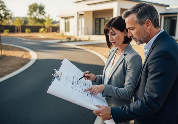 A professional architect reviews construction blueprints on a clipboard with a client near a newly paved asphalt driveway.