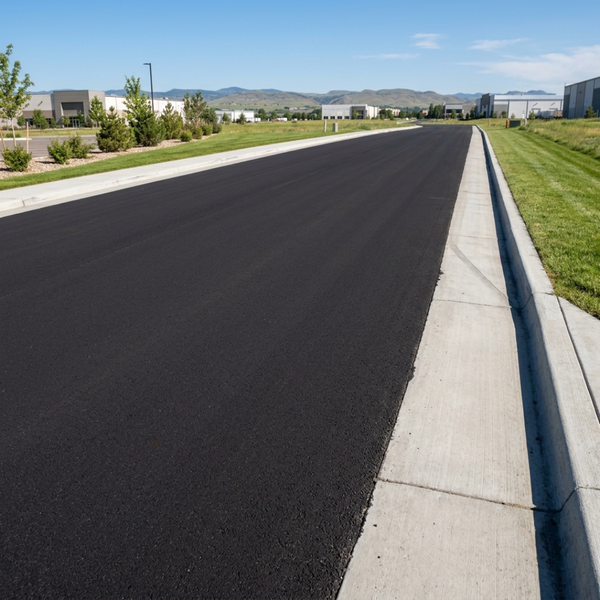 Well-graded asphalt roadway with concrete curbs designed for optimal water drainage runoff.
