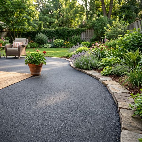 A durable and aesthetically pleasing asphalt patio installation for a residential home, showcasing a clean finished result.
