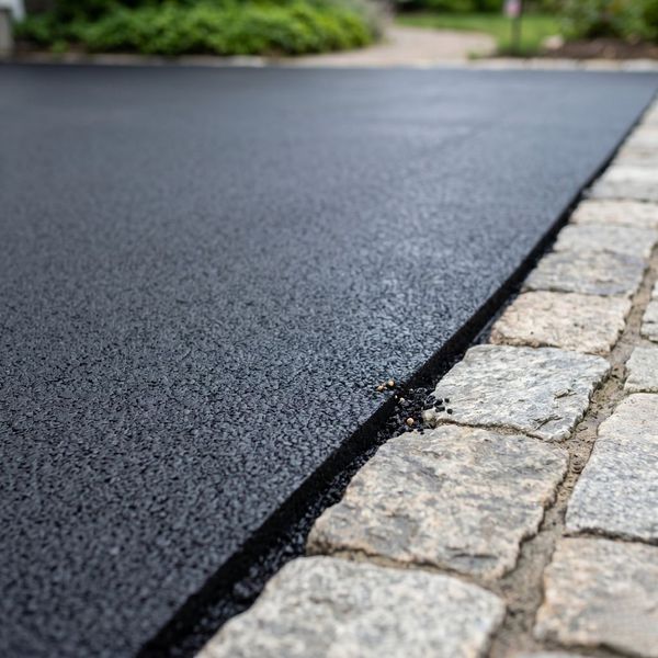 Close-up of smooth, fresh asphalt texture next to a decorative stone border on a residential property.