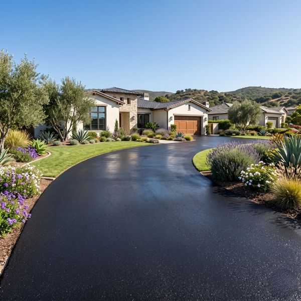 A smooth, dark residential asphalt driveway reflecting sunlight, highlighting a clean and modern home entrance.