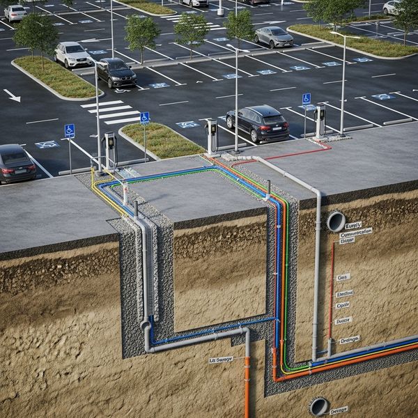 An integrated commercial parking lot design showing underground utilities and drainage.
