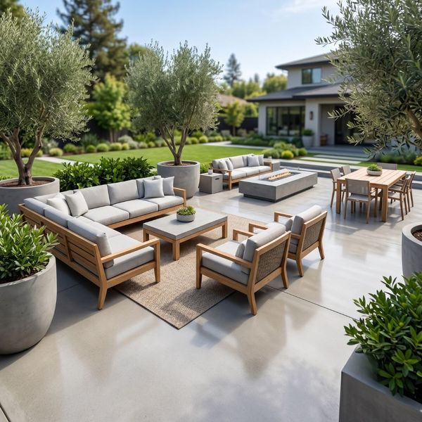 Pristine concrete patio with outdoor furniture, featuring a weather-resistant residential finish.