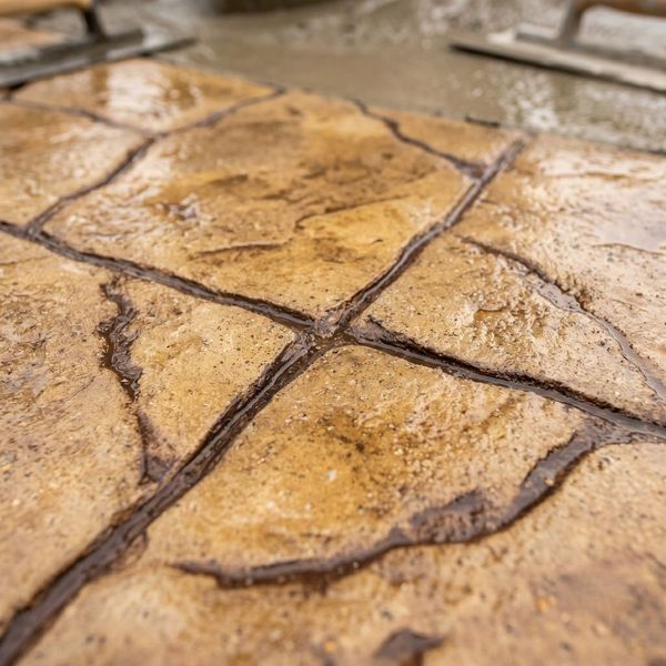 Close-up of freshly finished stamped concrete on a patio designed to mimic the elegant texture of natural flagstone.