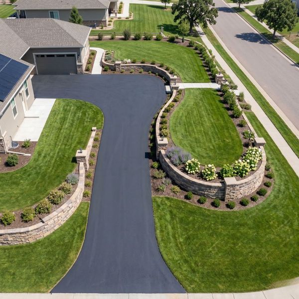 A newly paved driveway and functional retaining wall on a San Benito residential lot with perfect grading.