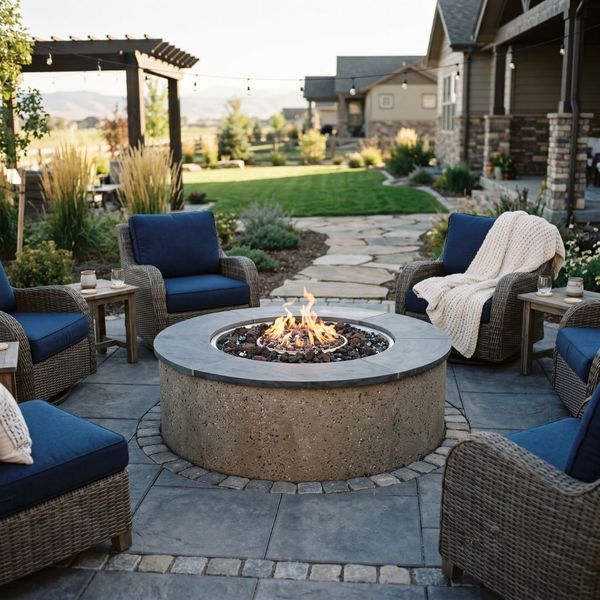 Stylish circular decorative concrete fire pit seamlessly integrated into a customized outdoor patio with cozy seating.