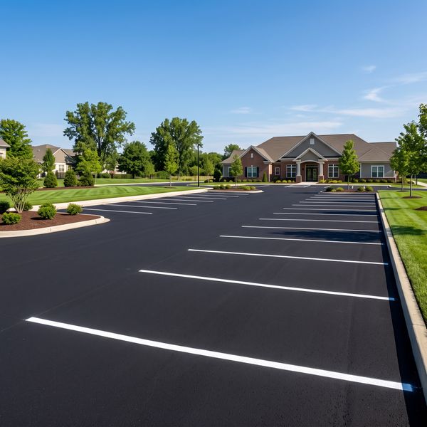 High-density asphalt parking area featuring smooth finished pavement and bright striping.