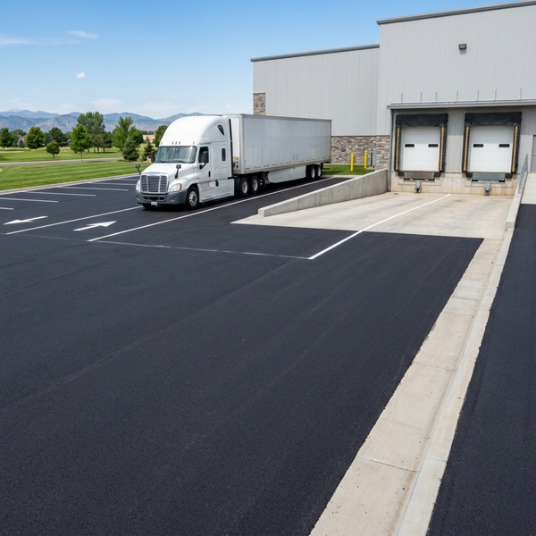 Heavy-duty commercial asphalt pavement engineered for heavy vehicle load distribution.