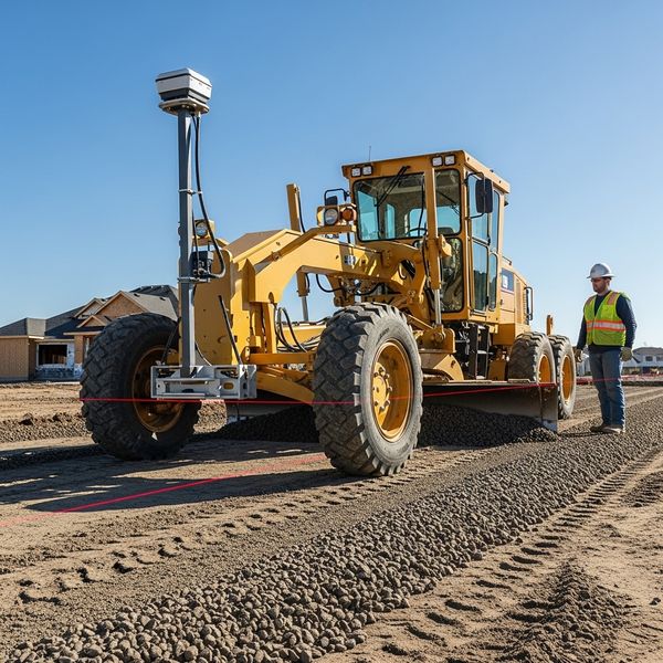Laser-guided grading technology ensures a precise and level base for asphalt driveway installation.