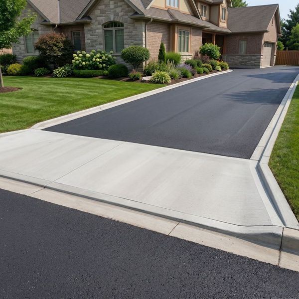 A completed residential asphalt driveway showing a smooth street transition and clean finish work.