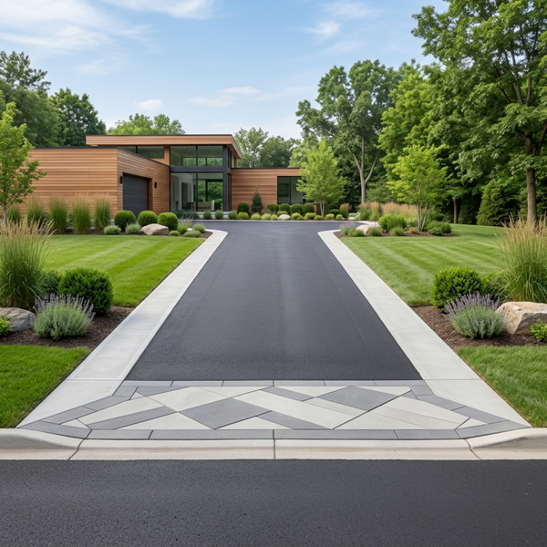 Finished asphalt driveway bordered by poured concrete ribbons and a sleek entrance apron.