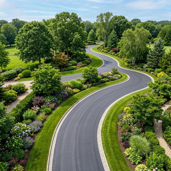 Finished winding asphalt driveway contouring through a beautifully landscaped front lawn.