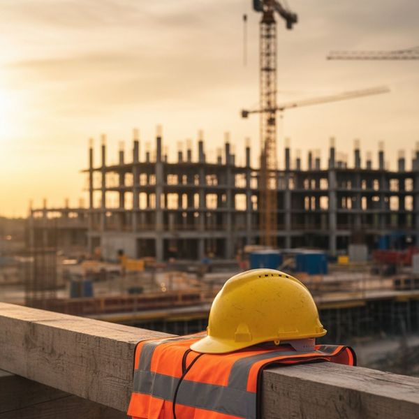 A yellow hard hat and safety vest sit on a wooden beam A yellow hard hat and safety vest sit on a wooden beam