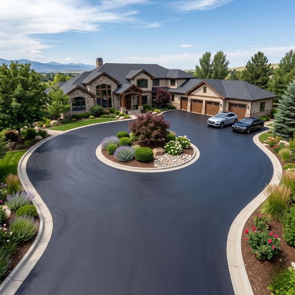 A large, smooth asphalt courtyard at a home showing high-quality professional finishing.