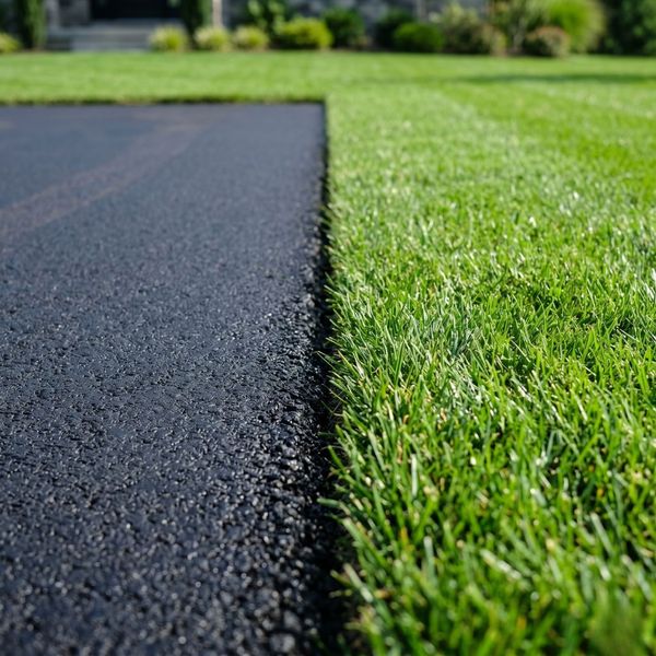 Close-up of freshly laid black asphalt pavement with crisp edges next to a vibrant green lawn.