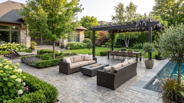 A spacious and beautifully designed backyard patio featuring stamped concrete, outdoor furniture, and lush landscaping.