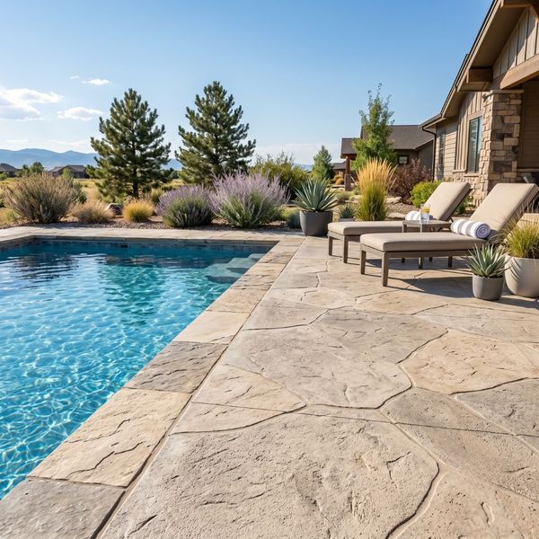 Pristine decorative concrete pool deck with a slip-resistant texture bordering a clear swimming pool on a bright sunny day.
