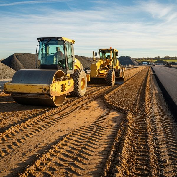 Heavy machinery compacts and grades the soil before asphalt is laid.
