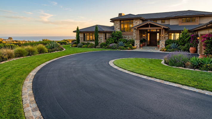 Finished curved asphalt driveway with stone borders leading to an upscale home at sunset.