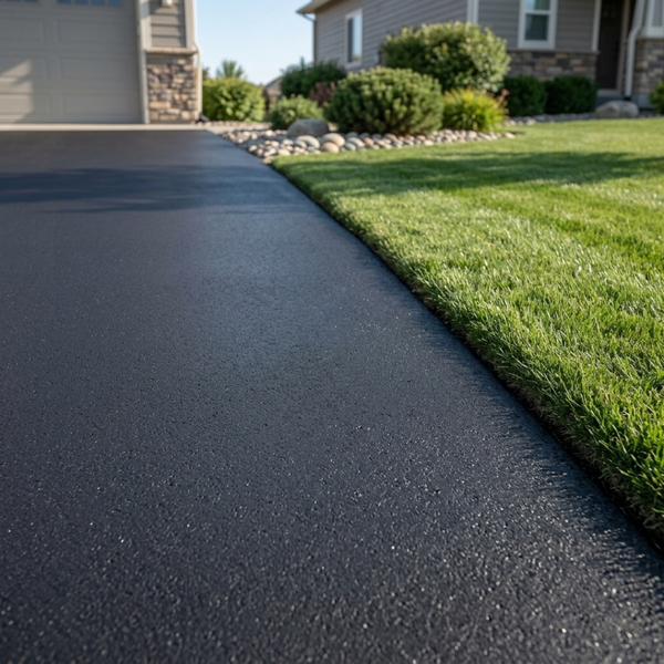 Freshly sealcoated asphalt driveway with a deep satin finish bordered by green grass.