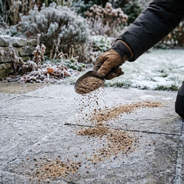 Spreading natural sand over a frosted concrete surface for traction