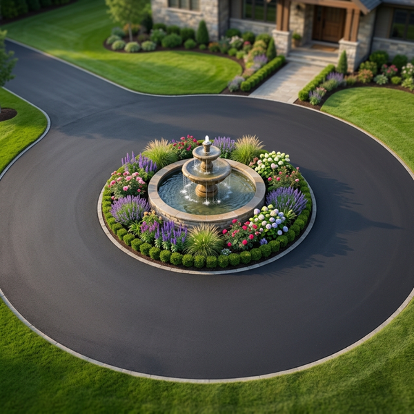 Finished circular asphalt driveway courtyard with a decorative central island and greenery.