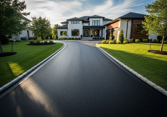 Modern asphalt driveway with a fresh, smooth finish leading to a residential home.