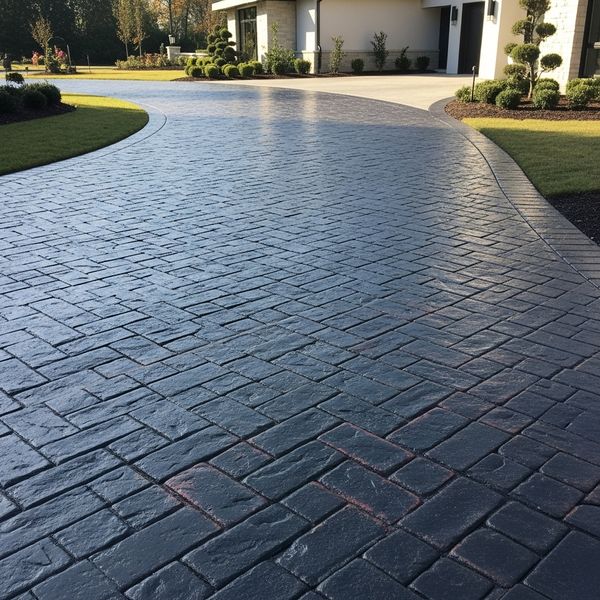 Decorative stamped asphalt driveway with a custom colored sealant finish for enhanced curb appeal.