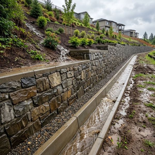 Engineered drainage pathway and retention wall stabilizing a steep soil slope.