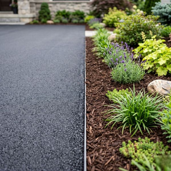Detail of a crisp asphalt edge transition between a new driveway and a garden border.