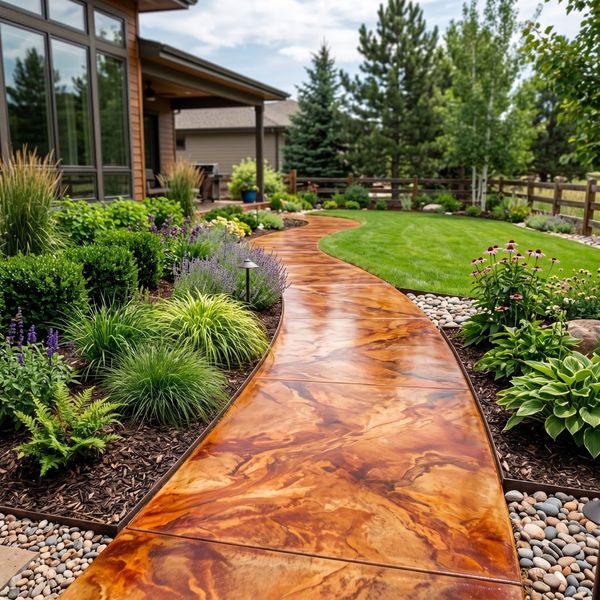 A modern backyard walkway featuring vibrant terracotta acid-stained concrete surrounded by neatly manicured garden beds.