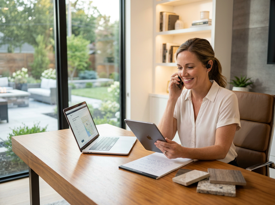 Smiling woman working remotely with phone and multiple devices