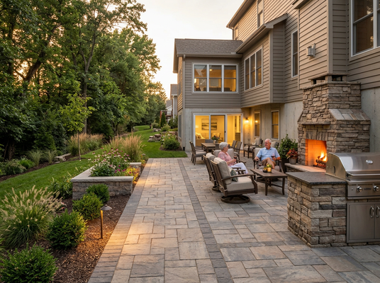 Elegant Patio with Outdoor Fireplace, Grill, and Landscaping