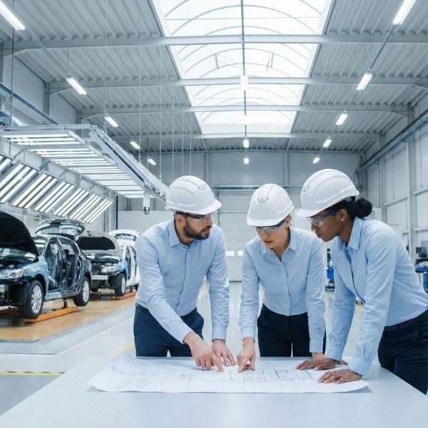 Engineers collaborating on a project within an automotive facility.